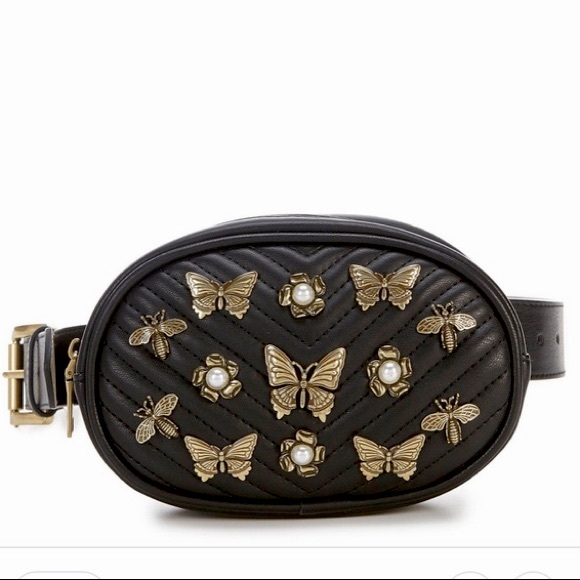 Steve Madden Handbags - STEVEN MADDEN W-Bugged Bronze Butterfly Pearl Flowers Black Belt Bag Fanny Pack